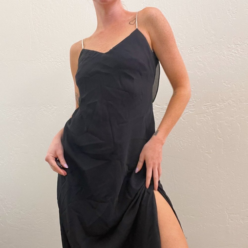 Vintage 1990s Black Chiffon Rhinestone Strap Low Back Midi Dress - Picture 7 of 7